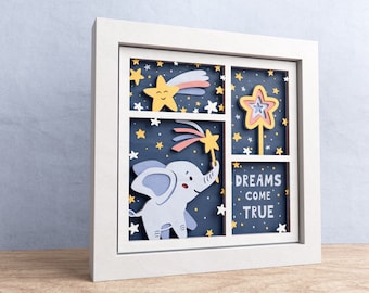 3D Elephant Shadow Box, Nursery Shadow Box, Layered Paper Art, Dreams come true SVG, Files For Cricut and Silhouette with Easy Instructions