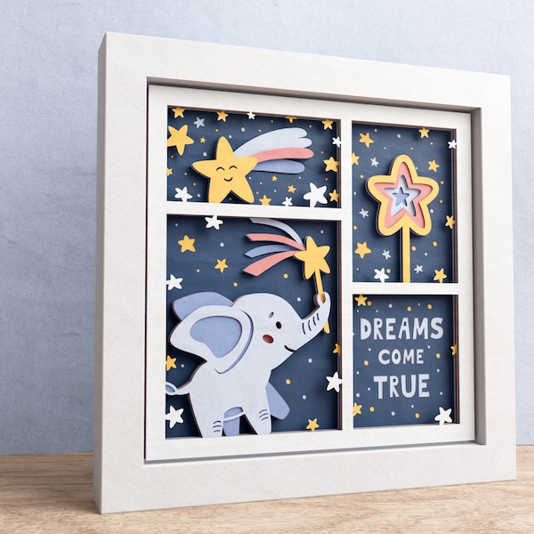 3D Elephant Shadow Box, Nursery Shadow Box, Layered Paper Art, Dreams come true SVG, Files For Cricut and Silhouette with Easy Instructions