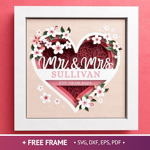 3D Blumenhochzeits-Schattenbox mit benutzerdefinierten Wörtern, Hochzeitsherz-Herz-Schattenbox, Blumen SVG, Dateien für Cricut mit einfacher Anleitung