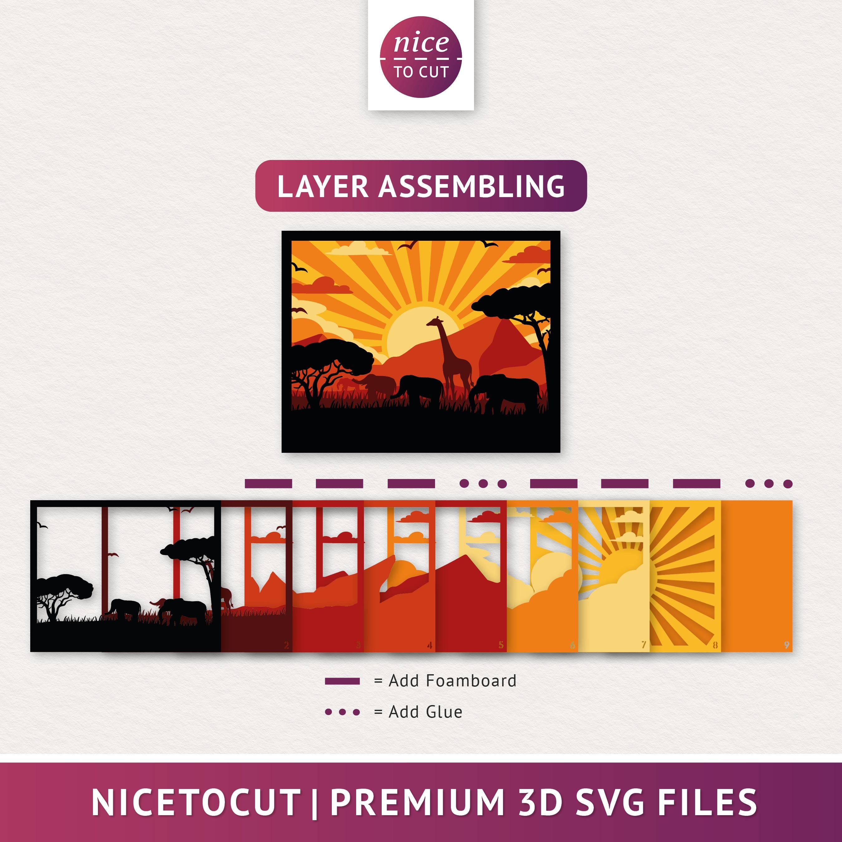 3D Africa Shadow Box, Savanna Nature Landscape SVG, Layered Paper Art ...