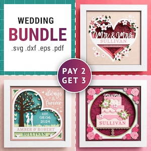 3D-bundel schaduwdoos bruiloft, aangepaste schaduwdoos bruiloft bruiloft, Always & Forever, bloemenhart, bruidstaart, bestanden voor Cricut, instructies