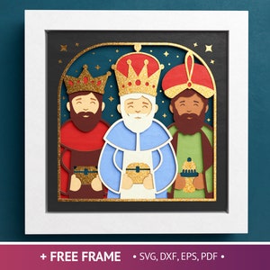 Może przedstawiać: Trzech Króli wycinanka papierowa z złotymi koronami, kolorowymi szatami i prezentami. Projekt jest umieszczony na ciemnoniebieskim tle z złotymi akcentami brokatu.