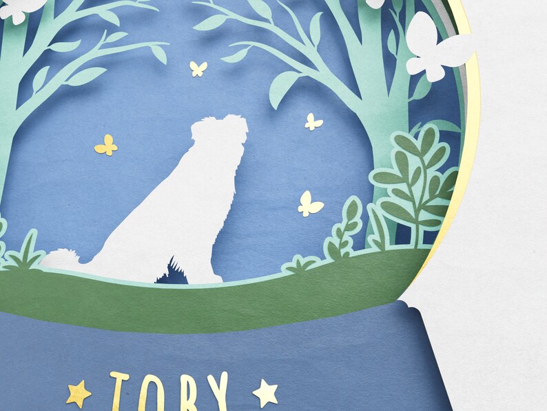 Puede incluir: Un recorte de papel blanco de un perro sentado en una escena de bosque de papel recortado azul y verde. La escena est&aacute; dentro de un c&iacute;rculo dorado con el nombre "TOBY" escrito debajo.