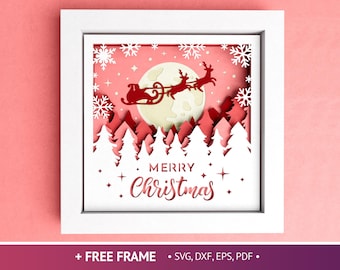 3D Santa Sleigh Shadow Box, Merry Christmas Shadow Box SVG, kerst gelaagde papercut, kerstman, bestanden voor Cricut eenvoudige instructies
