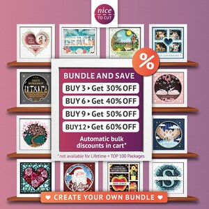 May include: A collection of 12 paper cut designs, including a beach scene, a garden, a workshop, a tree, a heart, a Santa Claus, a teacher, and a letter S. The designs are available in a bundle and offer discounts for purchasing multiple designs. The text "BUY 3 Get 30% OFF", "BUY 6 Get 40% OFF", "BUY 9 Get 50% OFF", and "BUY12 Get 60% OFF" is displayed on the image.
