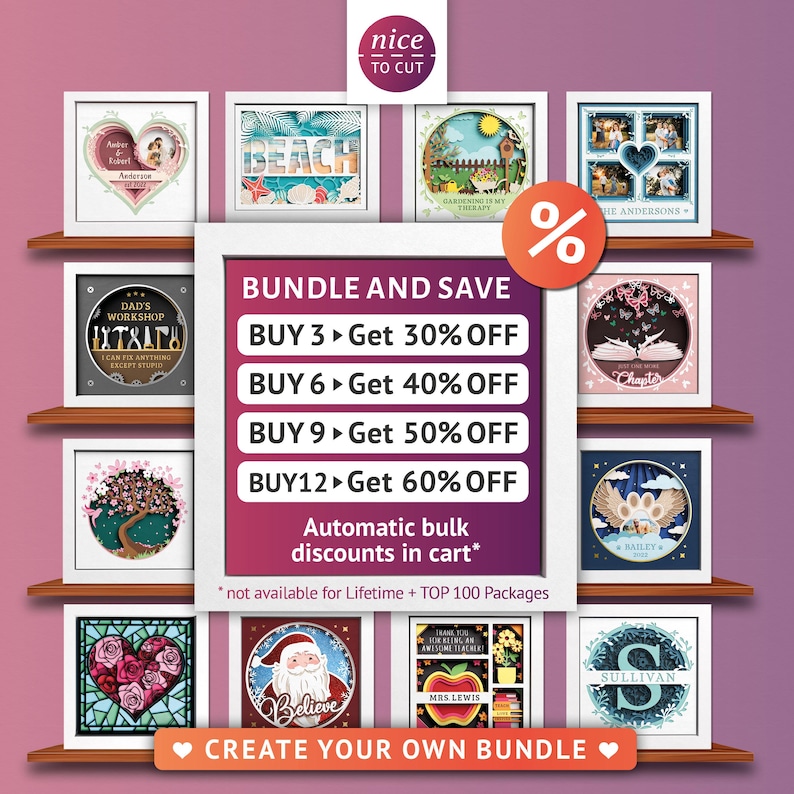 May include: A collection of 12 paper cut designs, including a beach scene, a garden, a workshop, a tree, a heart, a Santa Claus, a teacher, and a letter S. The designs are available in a bundle and offer discounts for purchasing multiple designs. The text "BUY 3 Get 30% OFF", "BUY 6 Get 40% OFF", "BUY 9 Get 50% OFF", and "BUY12 Get 60% OFF" is displayed on the image.