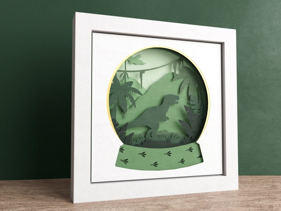 T-Rex Dinosaur Shadow Box, Dino Layered Paper Art, Snow Globe SVG, Nursery Papercut Template, Files For Cricut with Easy Instructions