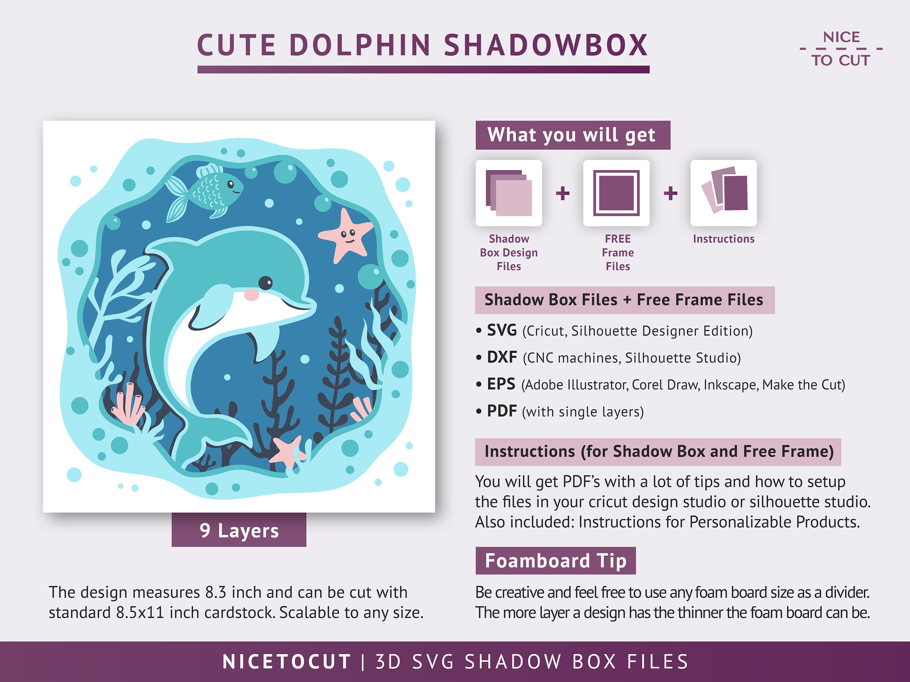 3D Cute Dolphin Shadow Box, Animal Shadow Box SVG, Layered Papercut ...