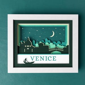 Scatola delle ombre 3D Skyline di Venezia, 8 x 10 Italia Venezia Città Notte Scatola delle ombre, Viaggio SVG, File Skyline Notturno per Cricut con Istruzioni Semplici