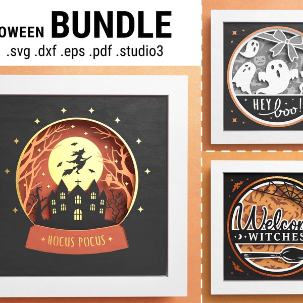 3D ハロウィーン シャドー ボックス バンドル、Welcome Witches、Hocus Pocus シャドー ボックス、Hey Boo 3D SVG、簡単な説明付き Cricut 用ファイル
