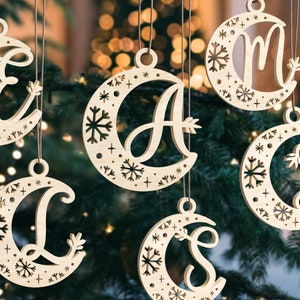 Paquete de luna del alfabeto SVG, conjunto de decoraciones colgantes de Navidad, decoración de letras de árbol, monograma 3D, archivos cortados con láser