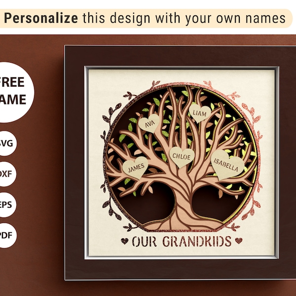 3D Grandkids Family Tree Shadow Box with Custom Name Hearts, Customizable Gift, Family Tree Shadow Box, Files For Cricut Easy Instructions