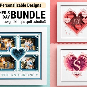 Peut inclure: Un lot de téléchargement numérique de motifs de découpe de papier sur le thème de la fête des mères. Le lot comprend un motif avec un cœur et les mots "You Are" entourés d'autres mots positifs, un motif avec un cœur et la lettre "S" à l'intérieur, et un motif avec un cœur et quatre cadres photo. Les motifs sont dans des tons de rose et de bleu.