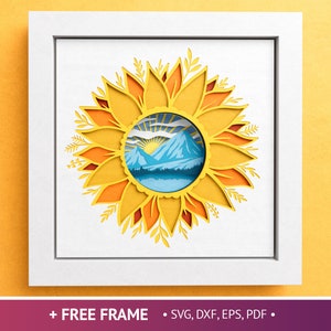 3D Sonnenblumen Berge Schatten Box, Florale kleine Welt, Papierschnitt Vorlage, 3D Mandala Dateien für Cricut und Silhouette mit einfachen Anweisungen
