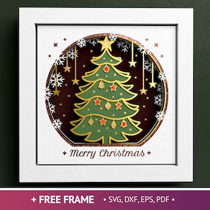 Caja de sombras de árbol de Navidad 3D, Feliz Navidad SVG, Estrella de Navidad SVG, Copos de nieve, Archivos para Cricut y Silueta con instrucciones sencillas