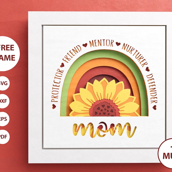 ひまわりの 3D 母の日シャドーボックス、ママの名言シャドーボックス、レイヤード ペーパー アート、ママのママ SVG、Cricut 用、簡単な説明付き