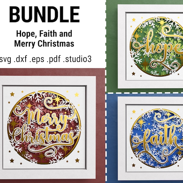 3D Shadow Box Bundle, Christmas svg set, Merry Christmas 3D svg, Faith svg, Hope svg, Files For Cricut y Silhouette con instrucciones sencillas