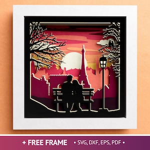Caixa de sombra de casal de Paris 3D – Horizonte da cidade da França, cena noturna da Torre Eiffel, SVG de viagem para Cricut com instruções fáceis