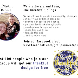 May include: A promotional graphic with the text "NICE TO CUT" at the top. It features a photo of a smiling couple, Jessie and Leon, and details about their Facebook group. The graphic also includes a circular design with the word "thankful".