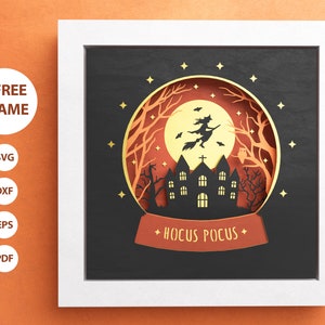 3D Hocus Pocus Witch Shadow Box, Halloween 3D SVG, Witch Shadow Box, Snowglobe, Gelaagde Papier Art, Bestanden voor Cricut met eenvoudige instructies