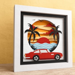 Scatola delle ombre per auto muscolari 3D, scatola delle ombre da viaggio vintage, scatola delle ombre 3D SVG per auto d'epoca classica, file vintage per Cricut con istruzioni