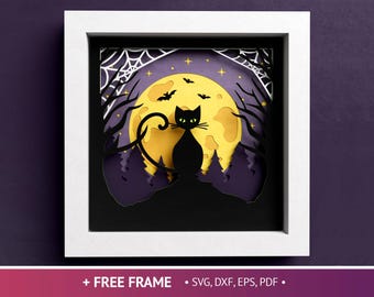 Caja de sombras 3D de gato y luna de Halloween, SVG de Halloween, caja de sombras 3D de luna llena, archivos para Cricut y Silhouette con instrucciones sencillas