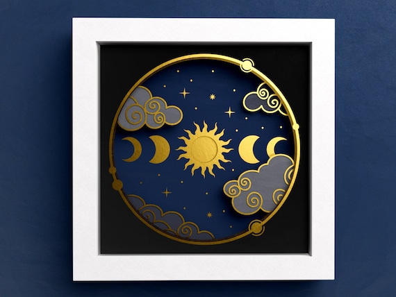 3D Moon Phases and Sun Shadow Box, Celestial Shadow Box, Stars 3D SVG, Mandala Files For Cricut and Silhouette with Easy Instructions