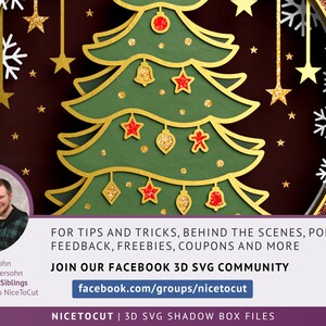 K&ouml;nnte beinhalten: Ein gr&uuml;ner Weihnachtsbaum mit roten und goldenen Ornamenten, Schneeflocken und Sternen. Der Baum befindet sich in einem Kreis mit braunem Hintergrund. Der Text "FOR TIPS AND TRICKS, BEHIND THE SCENES, POLLS, FEEDBACK, FREEBIES, COUPONS AND MORE JOIN OUR FACEBOOK 3D SVG COMMUNITY facebook.com/groups/nicetocut NICETOCUT | 3D SVG SHADOW BOX FILES" befindet sich am unteren Rand des Bildes.