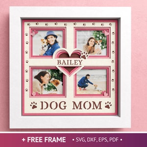 3D-hundgalleri-skugglåda, hundmamma-skugglåda, flera fotoramar, inflyttningspresent till familjen, skugglåda-filer för Cricut, enkla instruktioner
