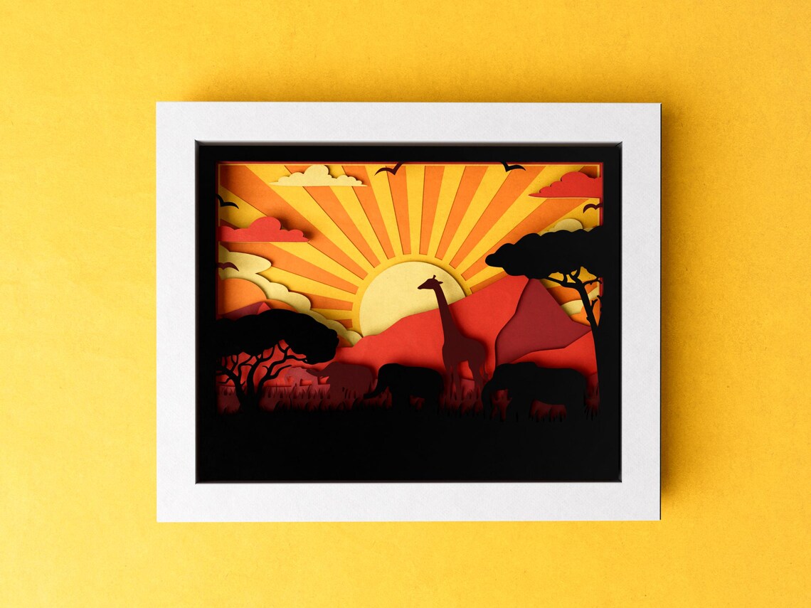 3D Africa Shadow Box, Savanna Nature Landscape SVG, Layered Paper Art ...