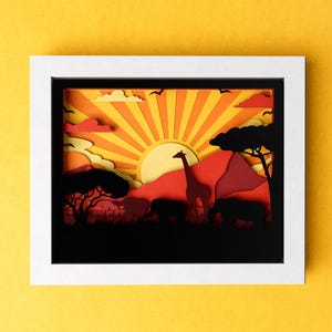 Caja de sombras de África en 3D, paisaje natural de sabana SVG, arte de papel en capas, decoración de viaje, para Cricut, instrucciones sencillas