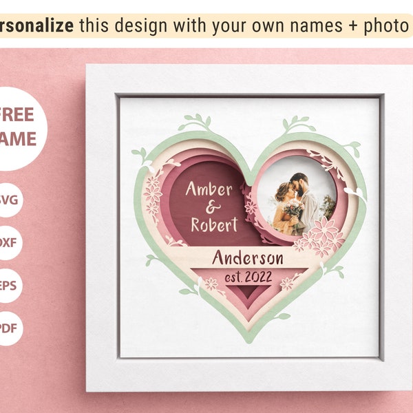 3D Customizable Wedding Shadow Box, Custom Name Shadow Box, Layered Paper Art, Heart 3D SVG, Files For Cricut with Easy Instructions