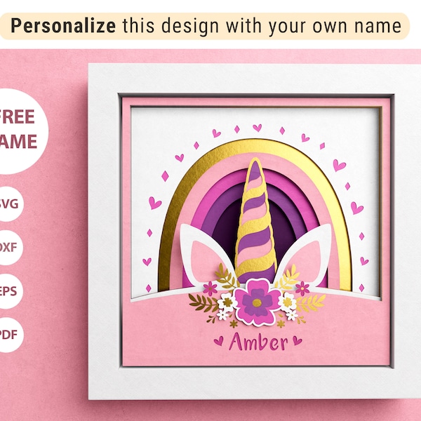 3D Unicorn Shadow Box, Custom Name Shadow Box, Floral Layered Paper Art, Kids Room, Flower Files For Cricut with Easy Instructions 3D Unicorn Shadow Box, Custom Name Shadow Box, Floral Layered Paper Art, Kids Room, Flower Files For Cricut with Easy Instructions