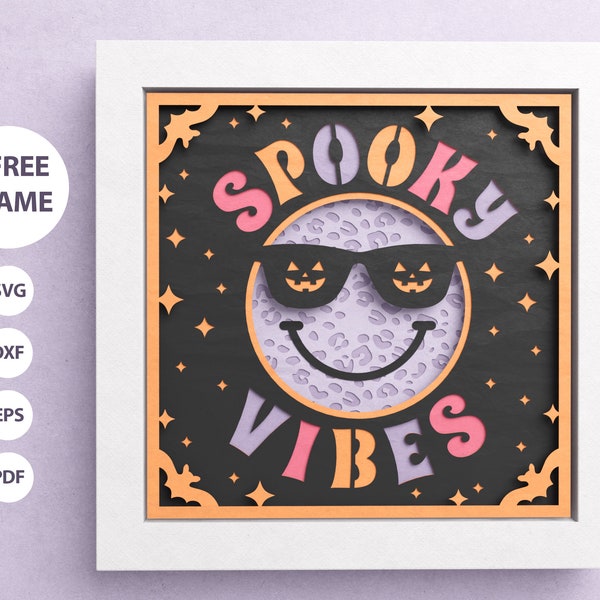 3D 不気味な雰囲気のシャドー ボックス、ハロウィーン SVG、レイヤー ペーパー アート、レトロなスマイリー フェイス、Cricut および Silhouette 用のファイルと簡単な説明