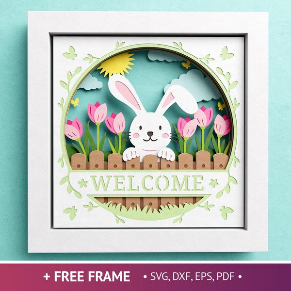 Caja de sombras de bienvenida de Pascua en 3D, SVG de feliz Pascua, caja de sombras de tulipanes de Pascua, caja de sombras de conejito, archivos para Cricut con instrucciones sencillas