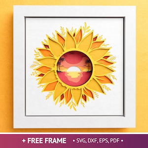 May include: A white frame with a yellow and orange paper cut-out sunflower design. The center of the sunflower is a red and orange sunset scene with palm trees.