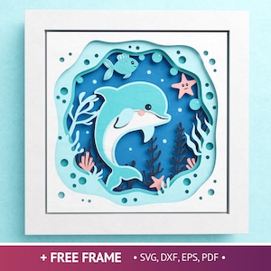 3D mignon dauphin boîte ombre, animal ombre boîte SVG, papier découpé en couches, animaux sous-marins SVG, fichiers pour Cricut avec instructions faciles