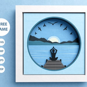 Scatola d'ombra del lago 3D, Tramonto al lago, Meditazione, Yoga, Paesaggio naturale, Arte con carta a strati, Decorazione marittima, Per Cricut, Istruzioni facili