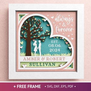 3D Hochzeitsbaum Schattenbox mit benutzerdefinierten Wörtern, Valentinstag Herz Schattenbox, immer & für immer SVG-Dateien für Cricut mit einfacher Anleitung