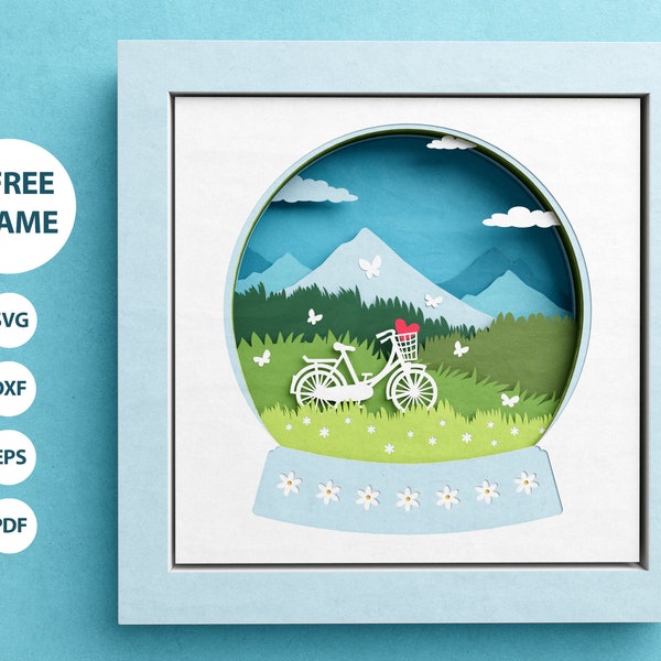 3D Spring Bike Shadow Box, Summer Shadow Box with Meadow, Mountains and Butterflies, Files For Cricut and Silhouette with Easy Instructions