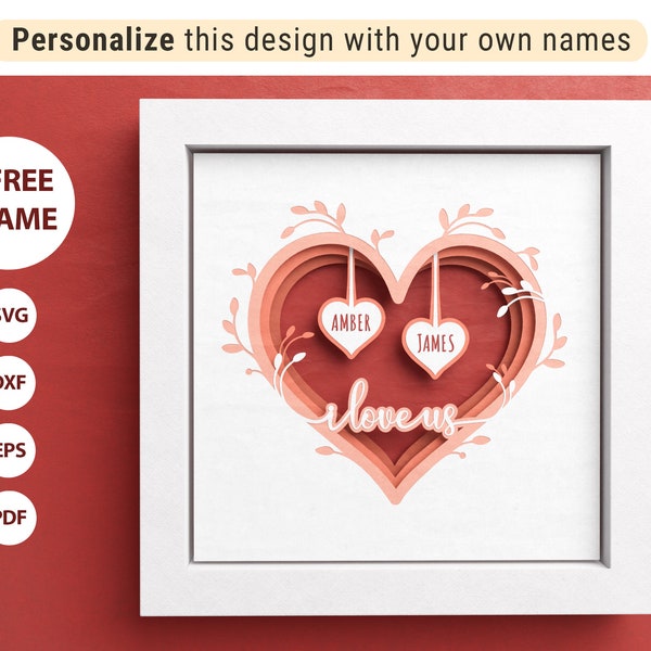 3D Heart Shadow Box with Custom Names, Valentines Day Shadow Box, Layered Paper Art, Files For Cricut and Silhouette with Easy Instructions