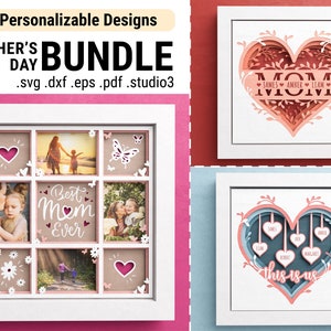 3D Mothers Day Personalizable Shadow Box Bundle, Heart Shadow Box, Layered Paper Art, Custom Photo, For Cricut with Easy Instructions