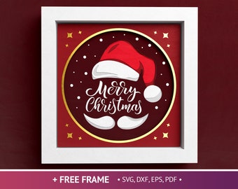 3D Merry Christmas Shadow Box, Santa Shadow Box SVG, Weihnachten Layered Papercut, Weihnachtsmann, Dateien für Cricut mit einfachen Anweisungen