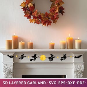 Girlanda czarownic na Halloween 3D SVG, dekoracja Halloween SVG w pomieszczeniach, pełnia księżyca i nietoperz SVG, pliki dla Cricut i Silhouette z łatwymi instrukcjami