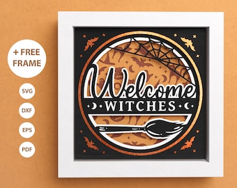 Könnte beinhalten: Ein schwarzes und oranges Halloween-Willkommenszeichen mit dem Text "Welcome Witches" in einer dekorativen Schriftart. Das Schild zeigt einen Kreis mit einem Spinnennetz, Fledermäusen und Monden sowie einen Besen unten.