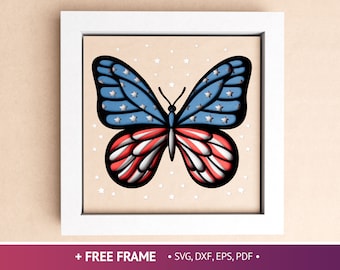 Può includere: Una cornice bianca con un design a farfalla rosso, bianco e blu all'interno. La farfalla ha il motivo della bandiera americana sulle ali. Lo sfondo è di colore marrone chiaro con stelle bianche.