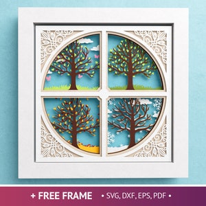 Scatola d'ombra dell'albero 3D 4 stagioni, Scatola d'ombra primaverile, Autunno, Estate, Albero invernale SVG, Arte floreale a strati di carta, File per Cricut Istruzioni facili