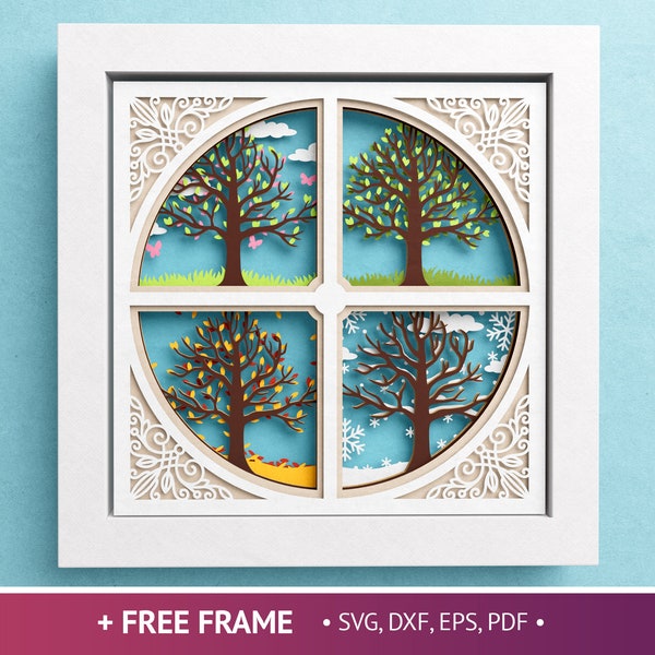 3D 4 Seasons Tree Shadow Box, Spring Shadow Box, Fall, Summer, Winter Tree SVG, Floral Layered Paper Art, Files For Cricut Easy Instructions