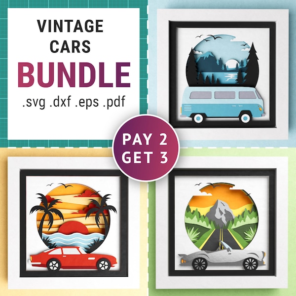 3D Vintage Cars Shadow Box Bundle, Travel Shadow Box, Car Lover 3D SVG Shadow Box Gift, Vintage Files For Cricut with Instructions