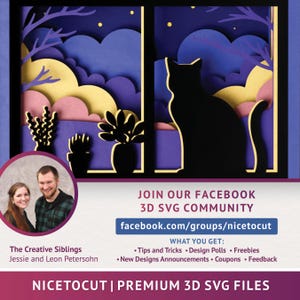May include: A digital illustration of a cat sitting in a window looking out at a night sky with clouds and stars. The image is in a paper cut style with layers of different colours. The text "JOIN OUR FACEBOOK 3D SVG COMMUNITY facebook.com/groups/nicetocut" is at the bottom of the image.